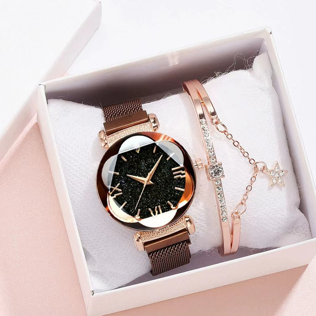 Starry sky Milanese strap watch for women, front view