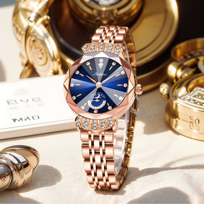 Diamond steel watch for women, front view